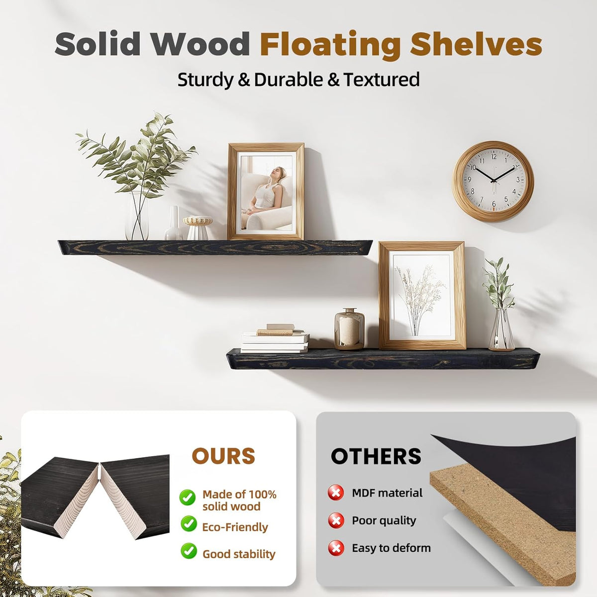 36"x6.8"x1.6" Slanted Floating Wall Shelves 2-Pack - Rustic Black Finish, Heavy-Duty Solid Wood
