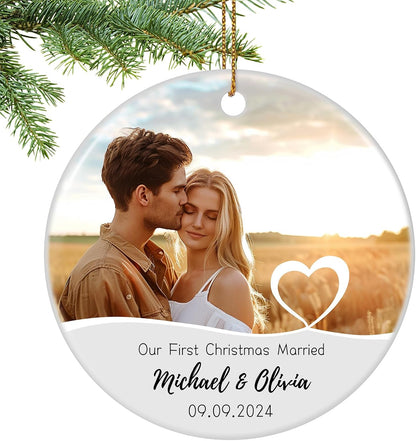 Our First Christmas Married Ornament, Personalized Photo Christmas Ornament 2025 for Newlyweds