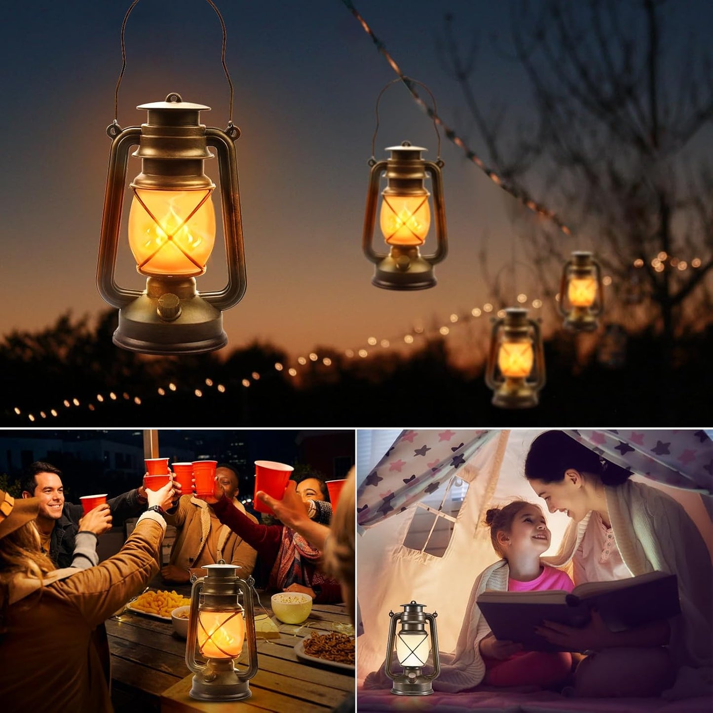 Battery-Powered 2 Modes Lighting LED Vintage Lanterns Decorative Outdoor & Indoor, 2 Pack Bronze