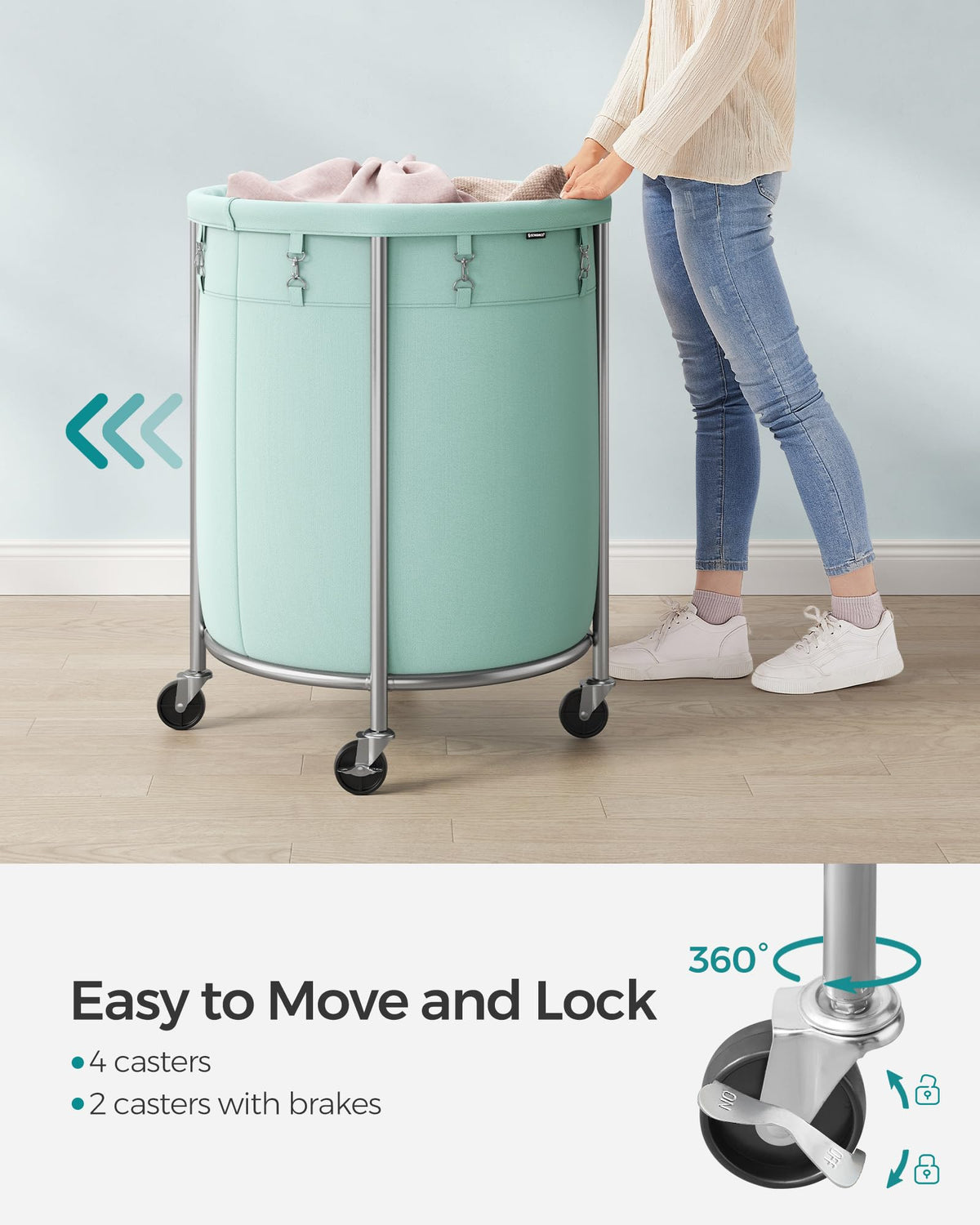 SONGMICS Laundry Basket, Rolling Steel Frame with 2 Locking Wheels, 190 L