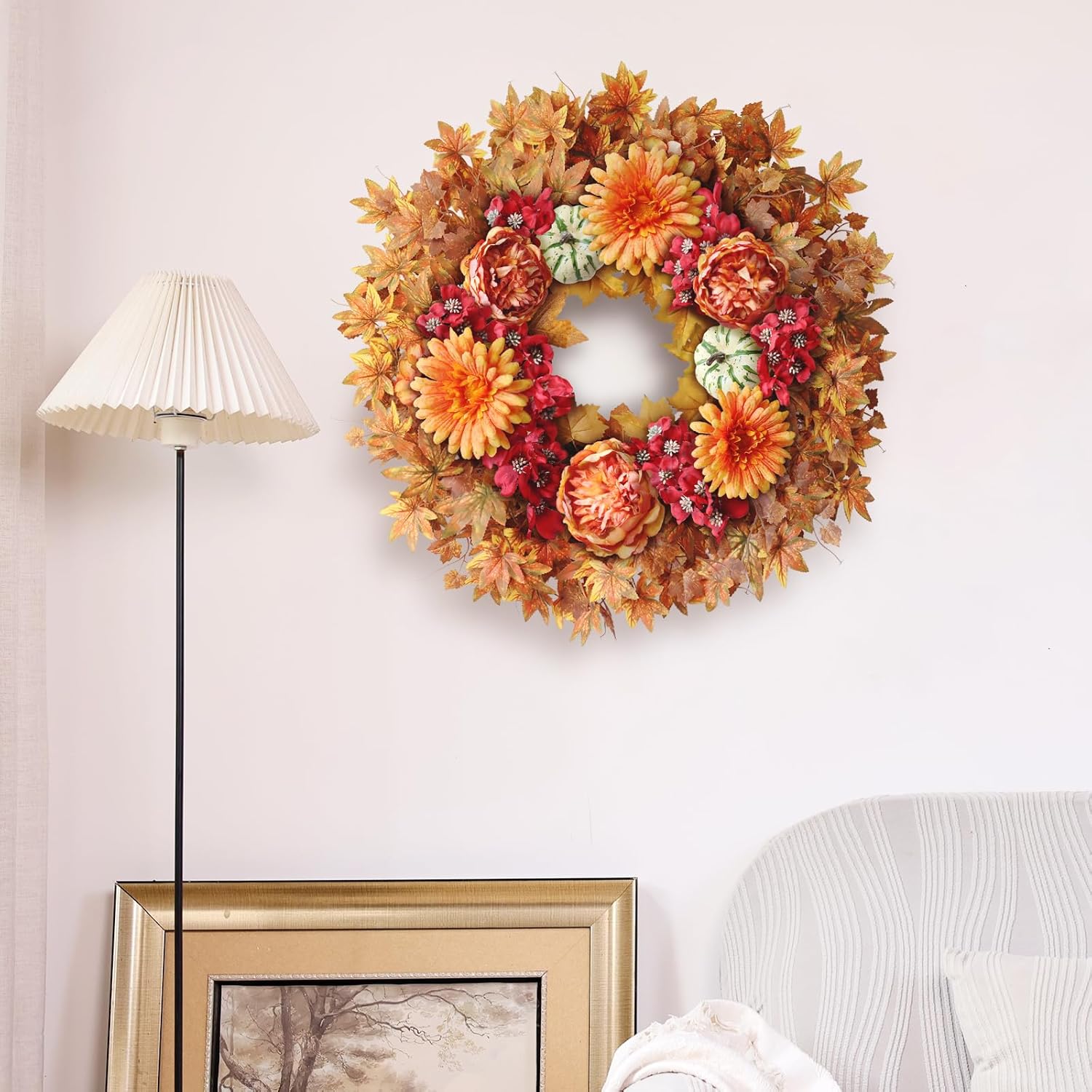 26" Fall Wreath for Front Door - Large Artificial Maple Leaves Fake Silk Peony Faux Pumpkin Outdoor