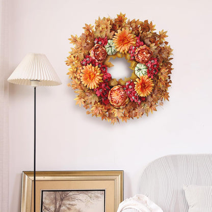 26" Fall Wreath for Front Door - Large Artificial Maple Leaves Fake Silk Peony Faux Pumpkin Outdoor