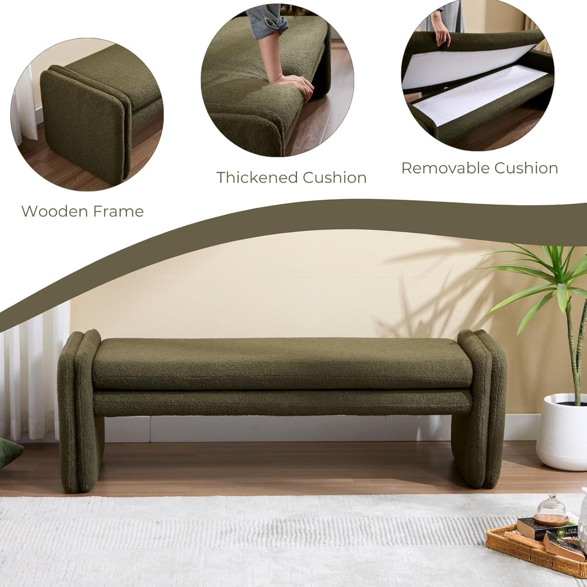 Green Boucle Bench 50" Sherpa End of Bed Bench Modern Upholstered Bench for Bedroom Entryway Living
