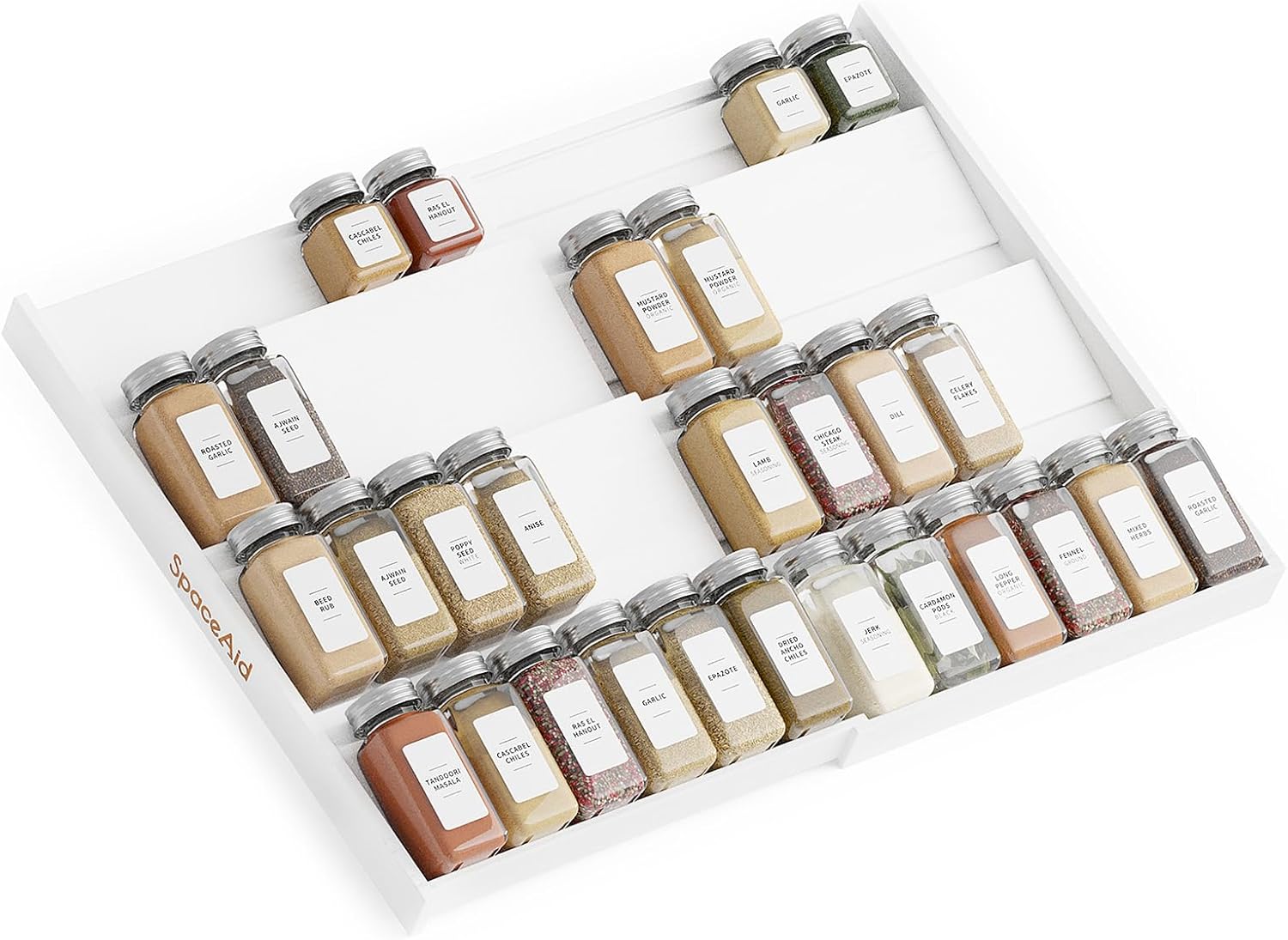 SpaceAid Bamboo White Spice Drawer Organizer, (Need 3" Deep Drawer) Expandable 4 Tier Spices Rack