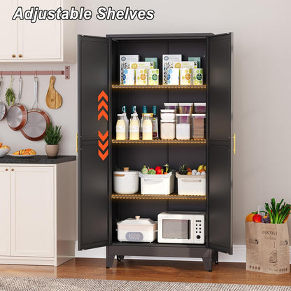 Metal Pantry Cabinet with 2 Doors and Adjustable Shelves, 61"Kitchen Storage Cabinet with Gold