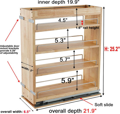 DINDON Pull Out Spice Rack Organizer for Cabinet, (5" W x 21.9" D x 25.2" H) Multi-Use Wood Pull