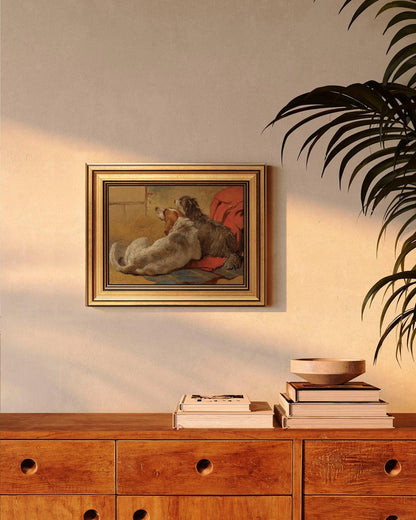 HUARCEY Gold Framed Vintage Wall Art for Living Room Dogs Oil Painting Wall Decor– Cozy Pet-Themed