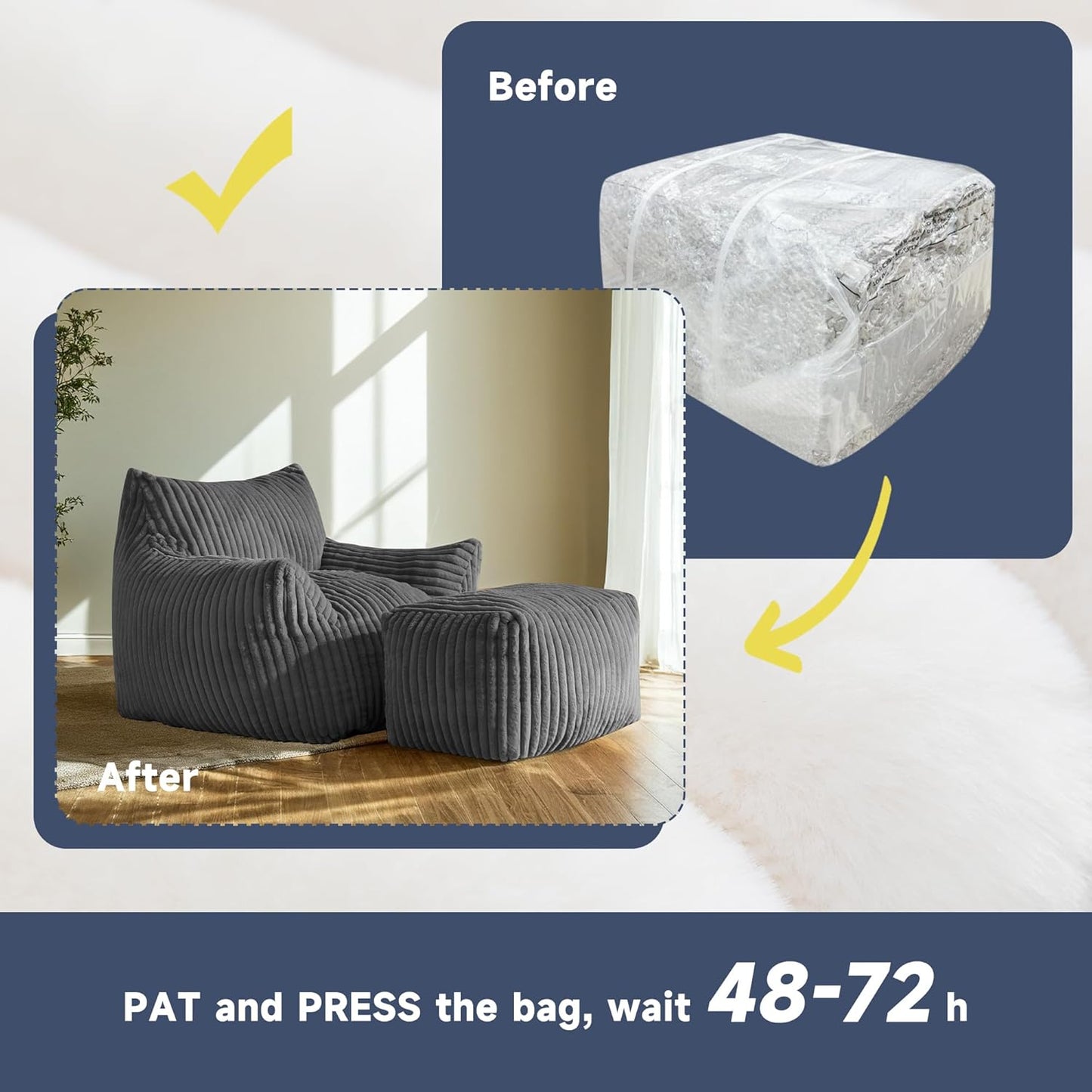 Giant Bean Bag Chairs for Adults, Oversized Chaise Lounge Chair Indoor with Memory Foam - Plush