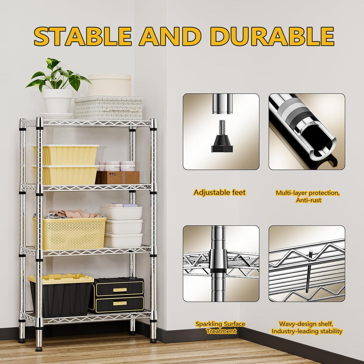 1000 lbs 4 Tier Shelf Metal Storage Shelves Wire Rack Closet Organizers for Garage Kitchen Bathroom