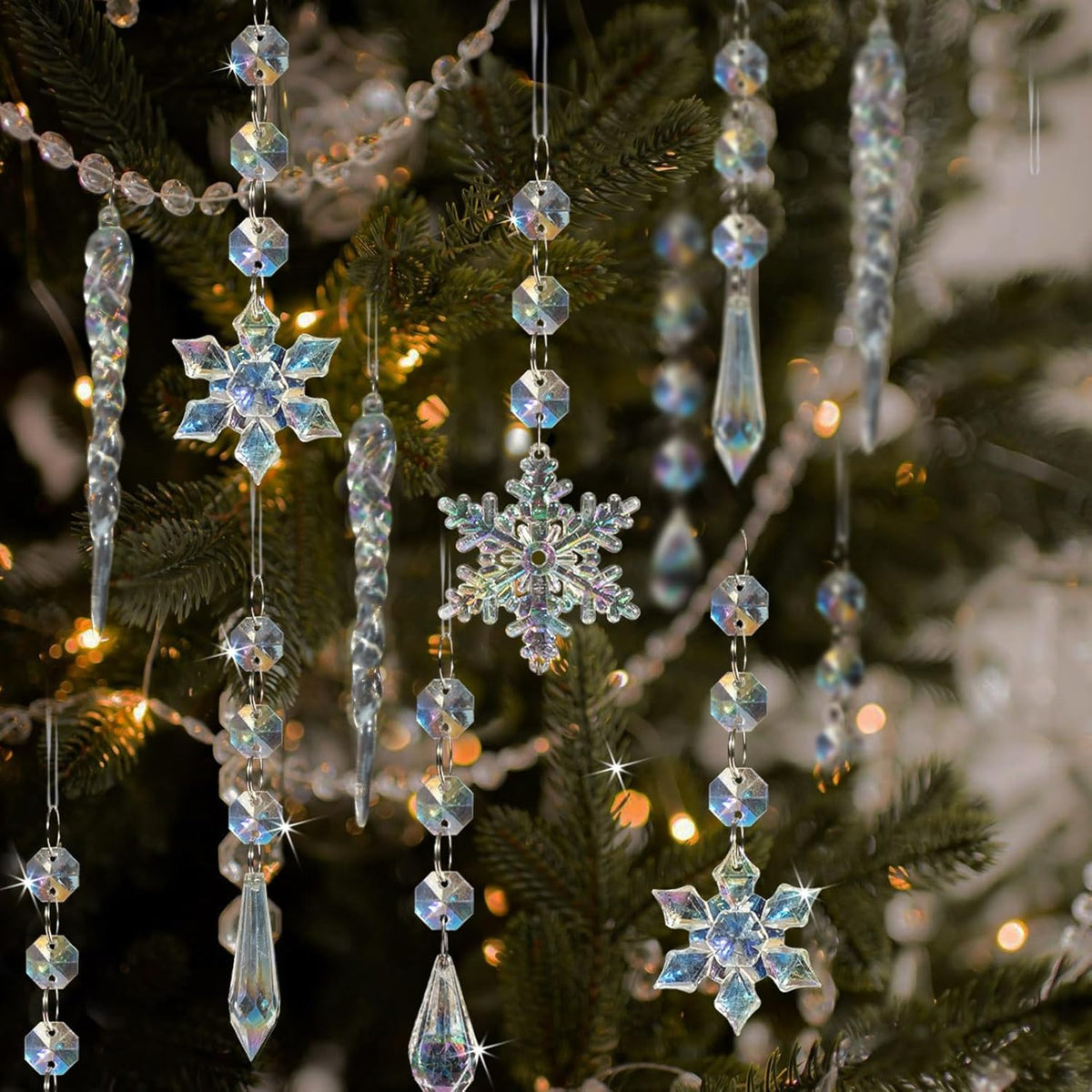 80pcs Christmas Crystal Snowflake Ornaments for Tree - Iridescent Christmas Acrylic Snowflakes Drop