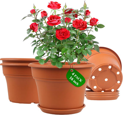 16 inch Plastic-Flower-Pot-for-Indoor-Plants, 4 Pack Large Outdoor Planter Pot with Drainage Holes