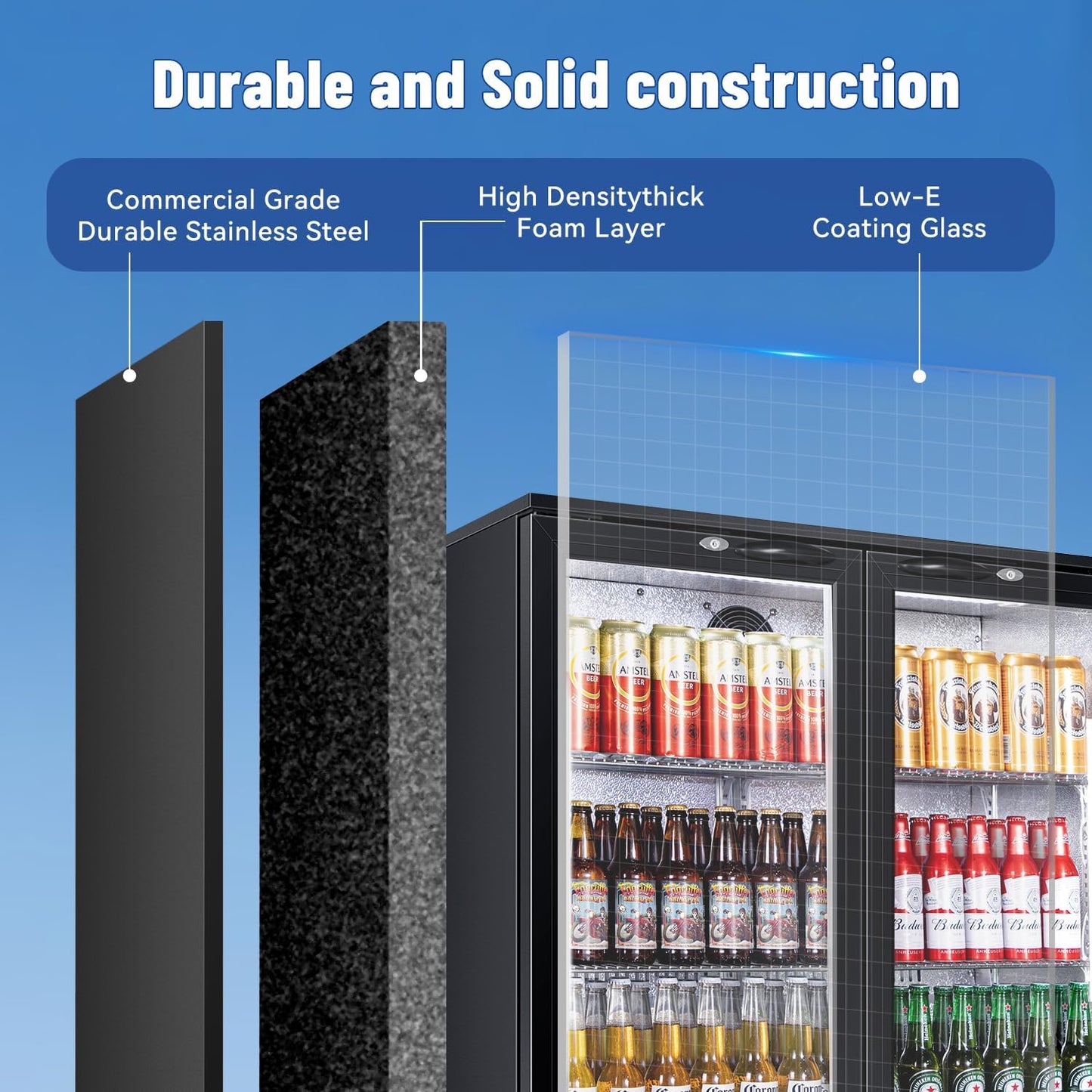 Tylza Back Bar Cooler With 2 Glass Doors, 200L Under Counter Back Bar Refrigerator with LED