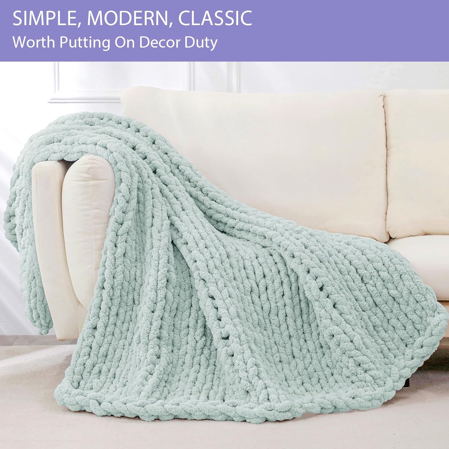 Bigacogo Chunky Knit Throw Blanket for Couch, 40x60 inches, 100% Hand Knitted with Thick Jumbo