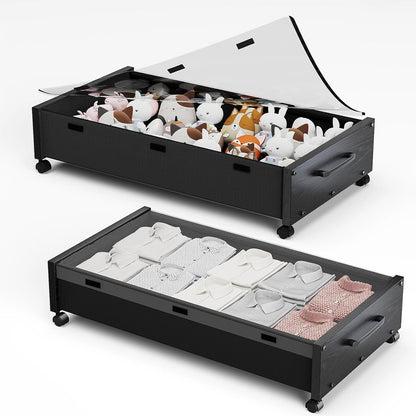 Wooden Under Bed Storage with Wheels, Rolling Under the Bed Storage Bins with Removable Lid, Metal