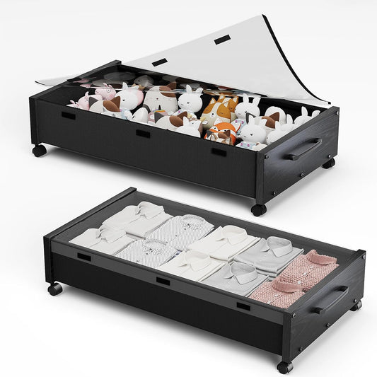Wooden Under Bed Storage with Wheels, Rolling Under the Bed Storage Bins with Removable Lid, Metal