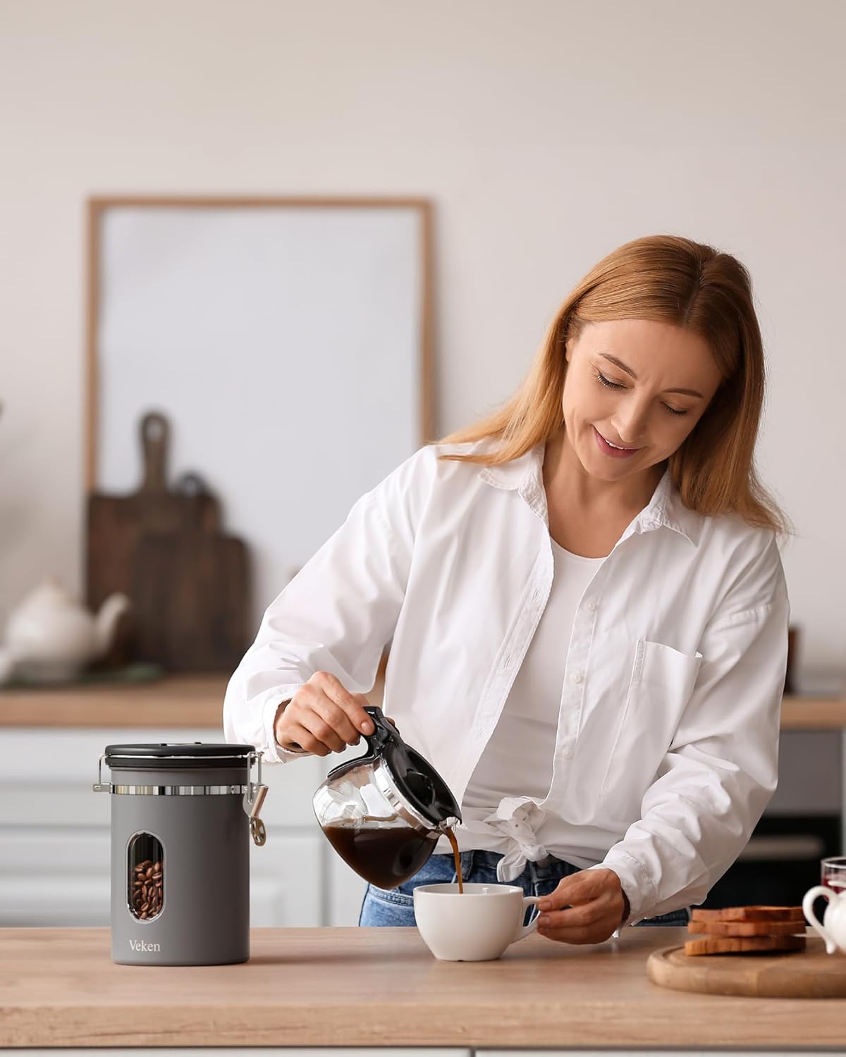 Veken Coffee Canister with Window,Airtight Stainless Steel Kitchen Food Storage Container, Date