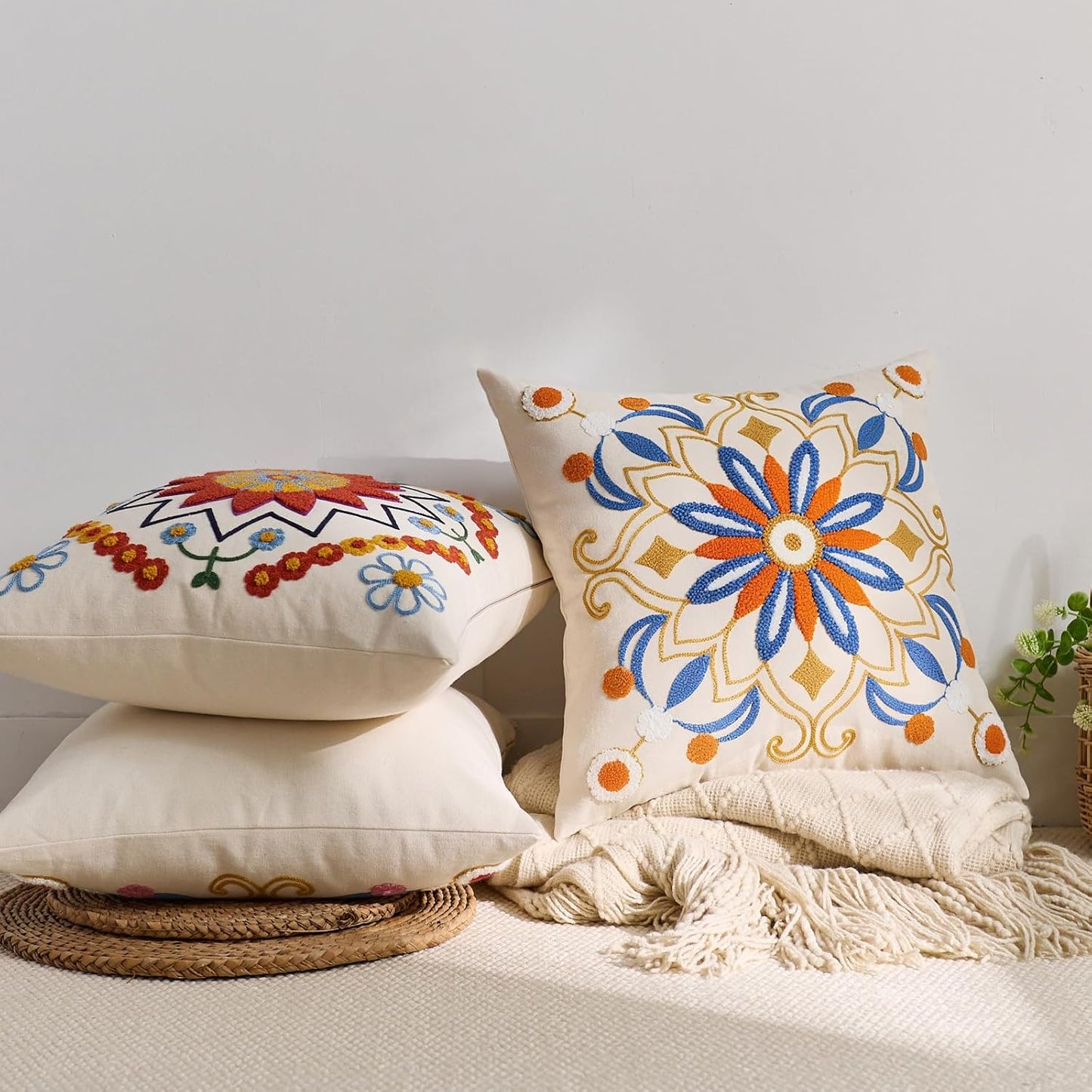 Embroidered Throw Pillow Cover 18x18 Classic Boho Floral Pattern Pillows Cover Outdoor Decorative