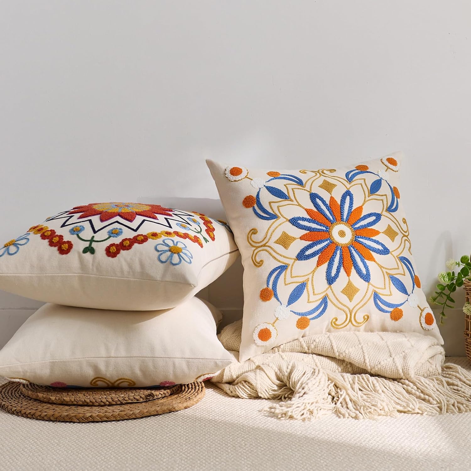Embroidered Throw Pillow Cover 18x18 Classic Boho Floral Pattern Pillows Cover Outdoor Decorative