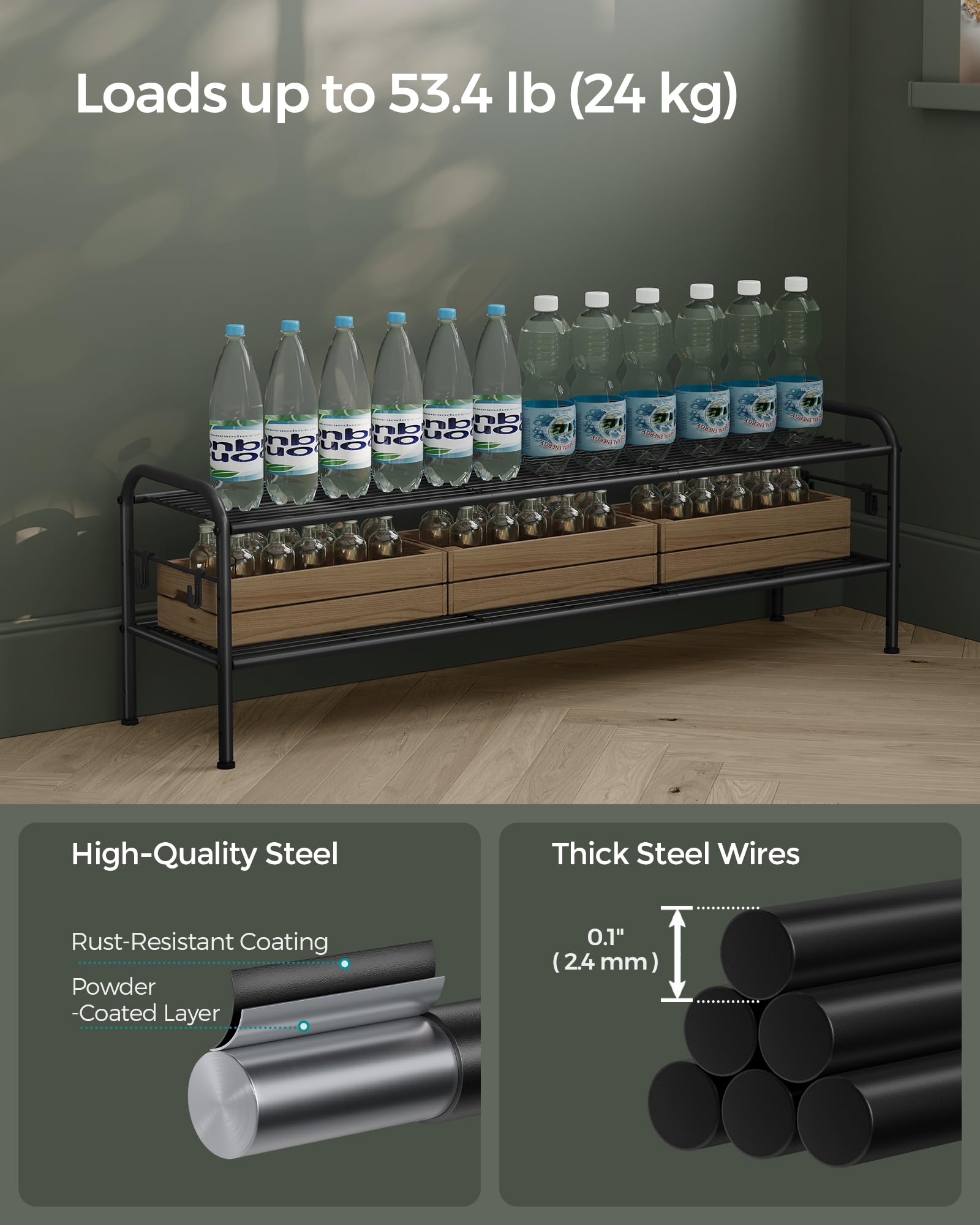 SONGMICS Shoe Rack, 2-Tier Shoe Organizer, Metal Shoe Shelf Storage with 4 Side Hooks, Holds 18