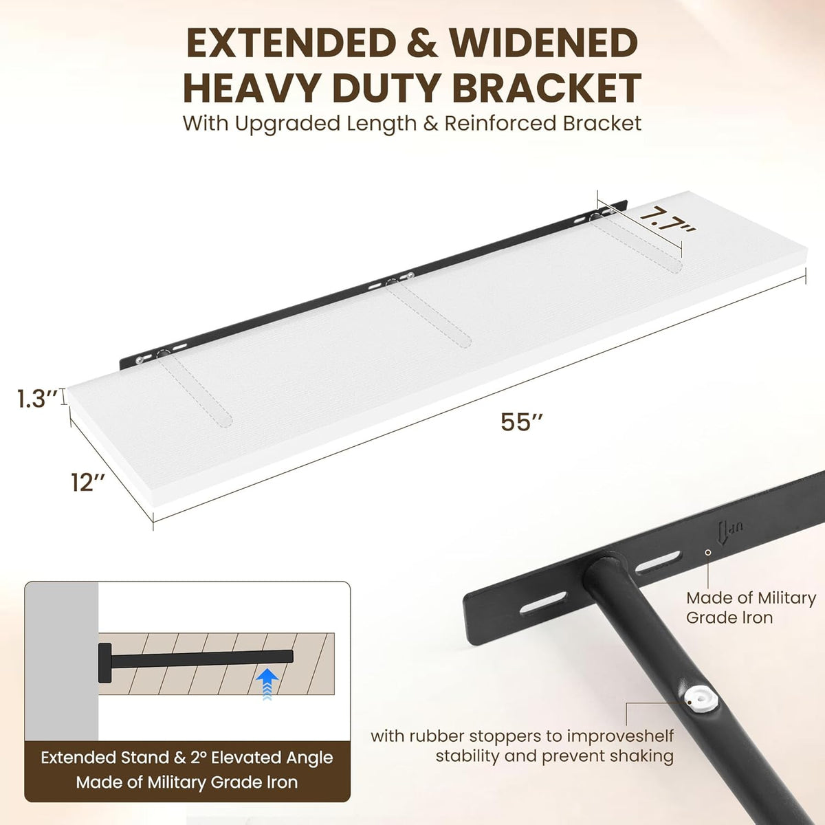 55" Floating Shelves for Wall, 12" Deep Slim White Floating Shelves, Wall-Mounted Shelves for