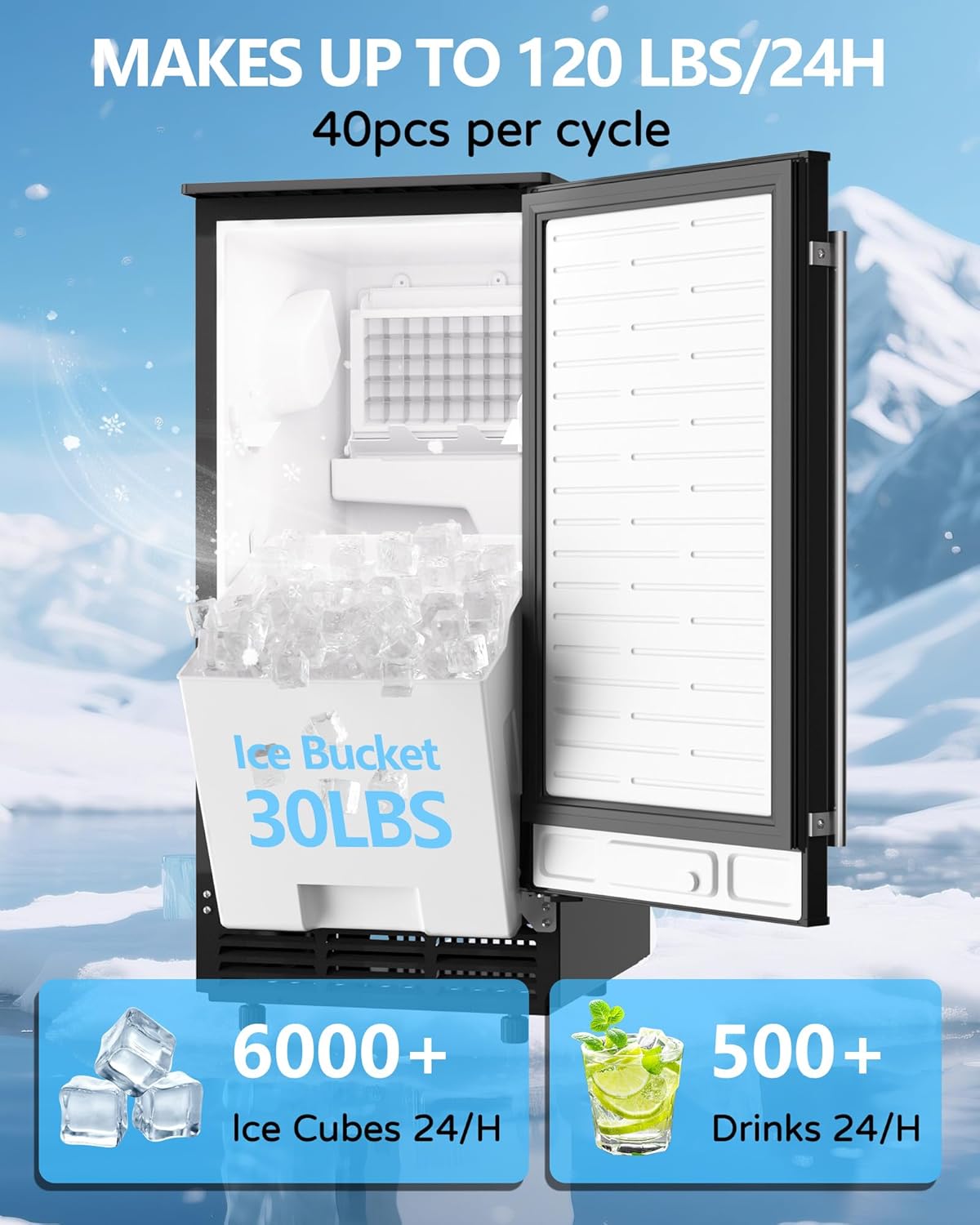 Commercial Ice Maker Machine Reversible Door 120LBS/Day, Undercounter Ice Makers 30LBS Storage Bin