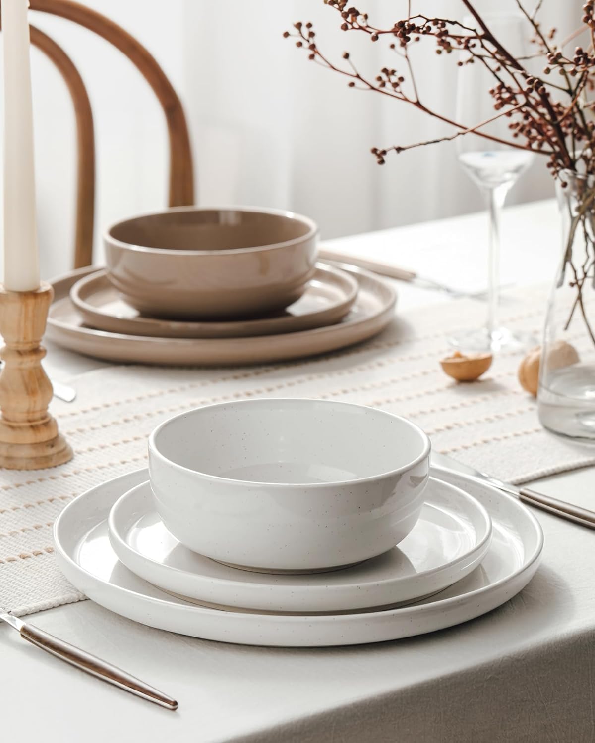 Famiware Milkyway Stoneware Dinnerware Sets with Pasta Bowls, Service for 4 (16 Pieces), Plates and