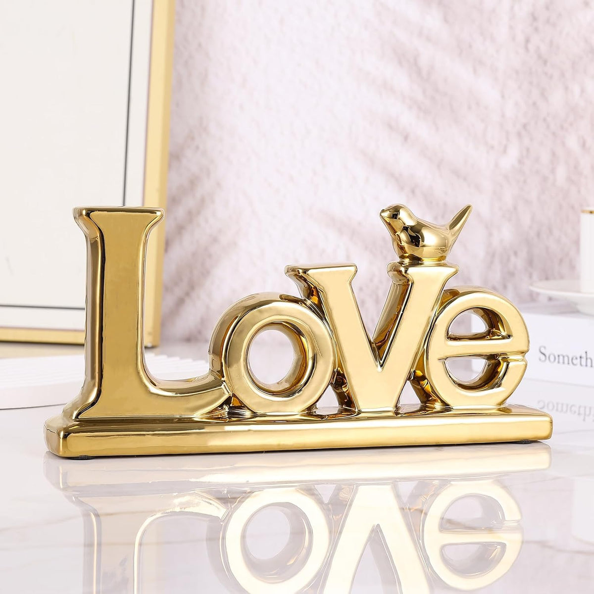 Gold Love Sign Statue - Personalized Home Decor, Bird Sculpture for Living Room, Bedroom, Desktop &