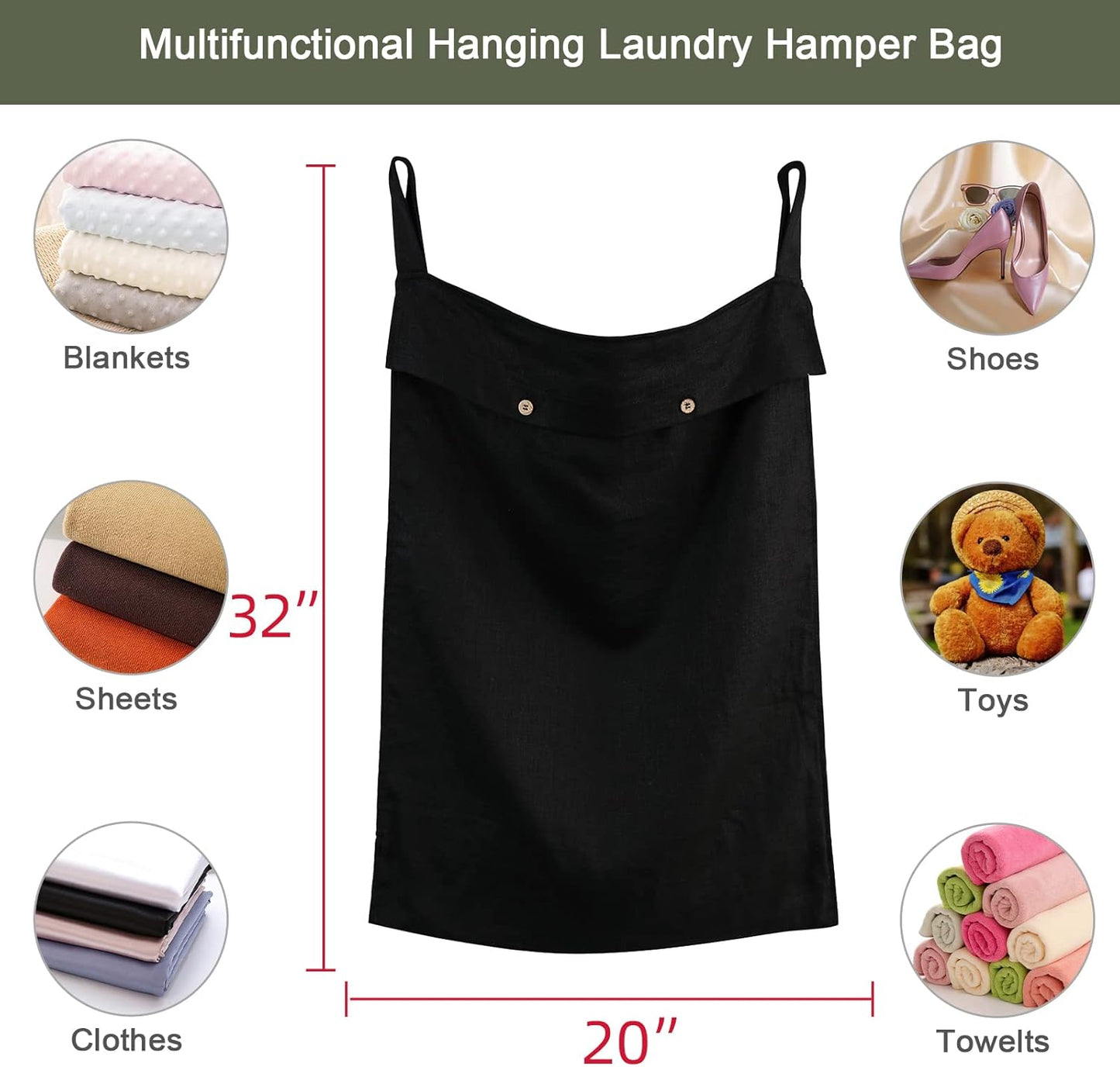 Linen Hanging Laundry Bag, 100% Linen Over The Door Laundry Hamper with Buttons and Zipper, Space