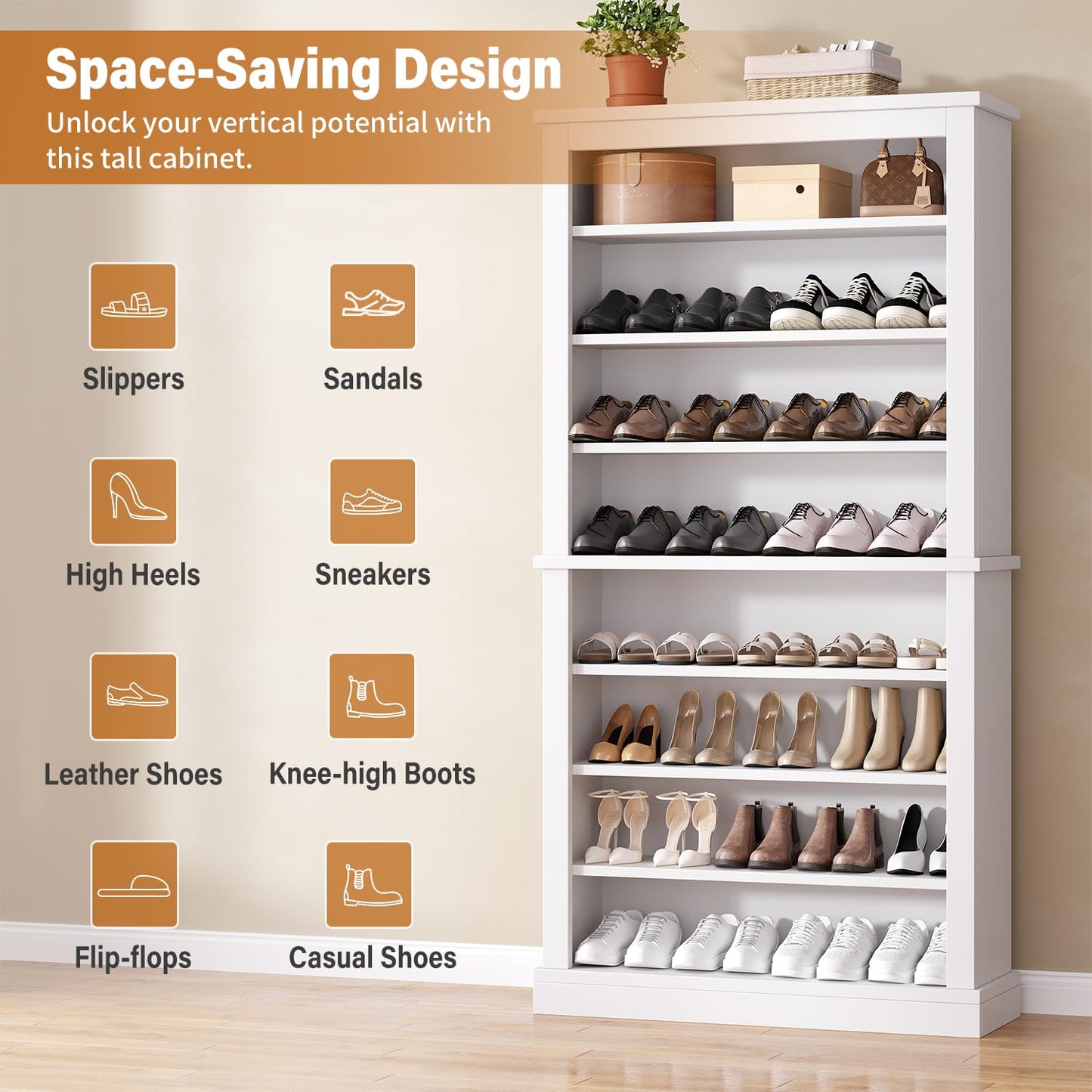 knoworld Freestanding Shoe Cabinet, Holds 40-45 Pairs, 71 Inch Tall 9-Tier Shoe Rack with