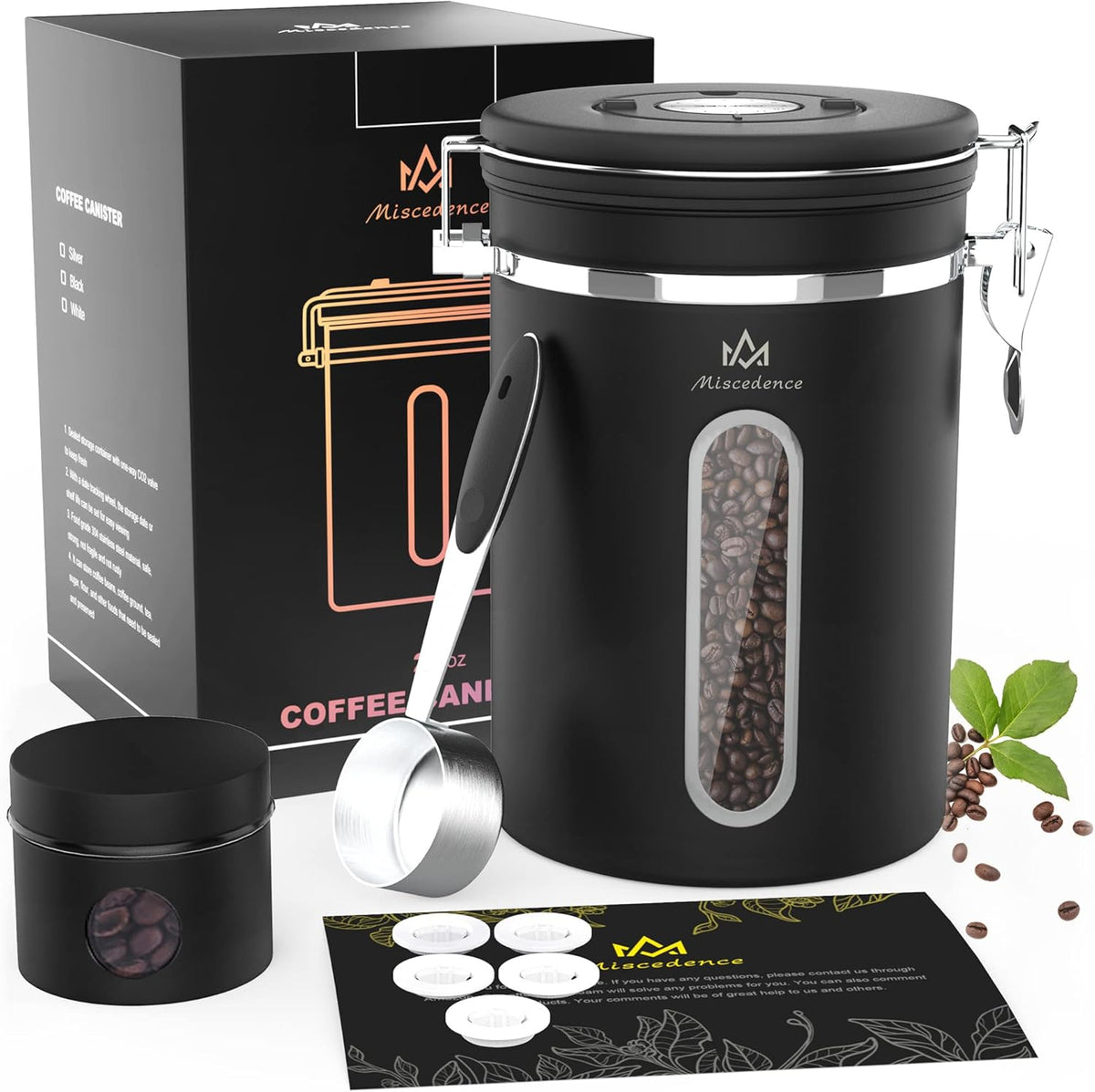 Coffee Canister for ground coffee with Transparent Window,Date Tracker CO2 Valve 304 Stainless