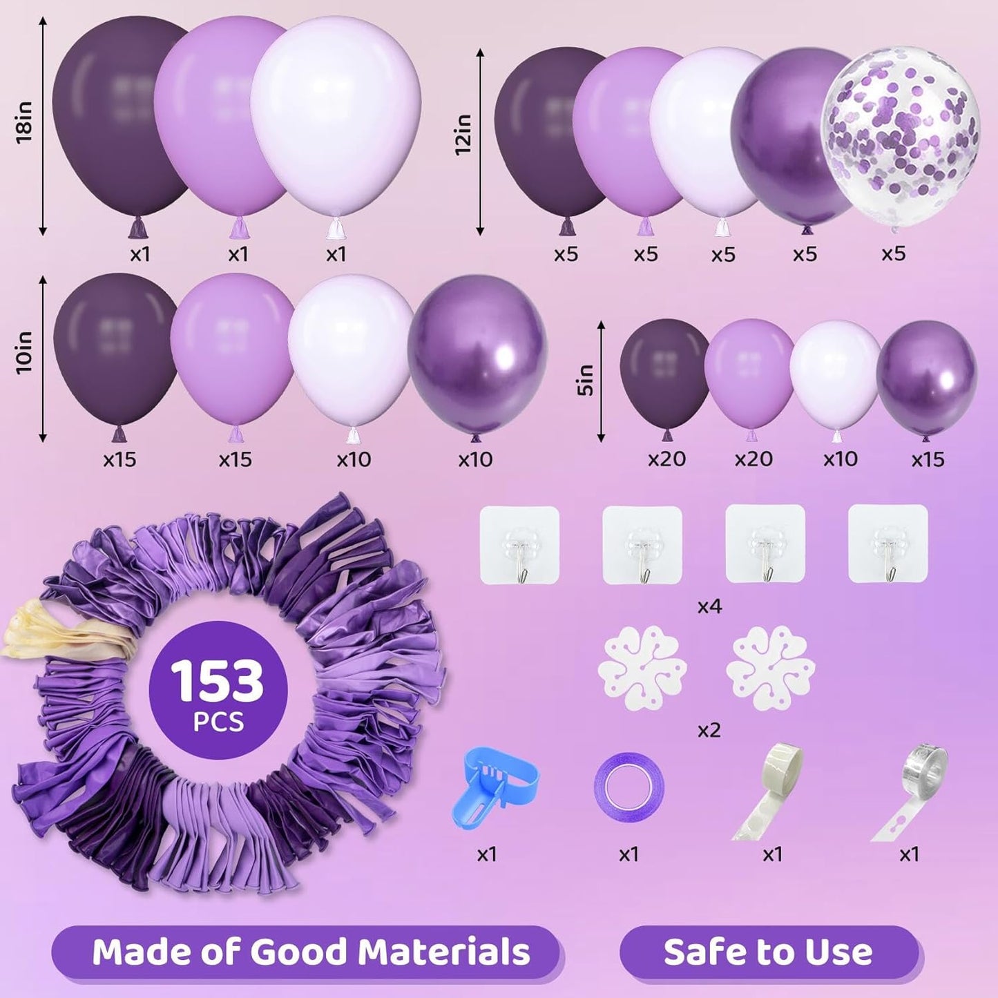 Amandir 153pcs Purple Balloon Garland Arch Kit, Different Sizes 18 12 10 5 inch Lavender Latex