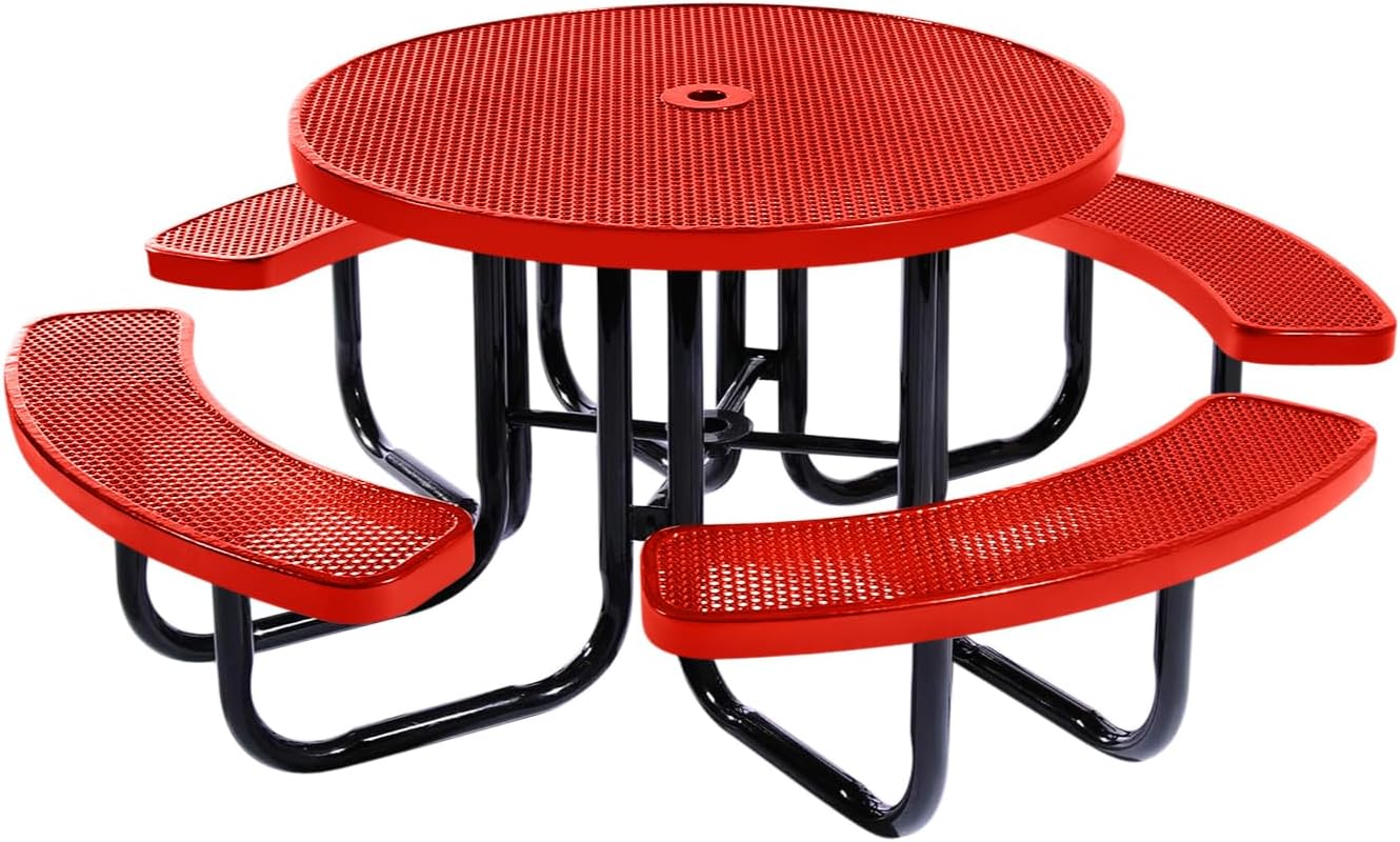 Coated Outdoor Furniture Heavy-Duty Portable Outdoor Picnic Table with Umbrella Hole, Punched Steel