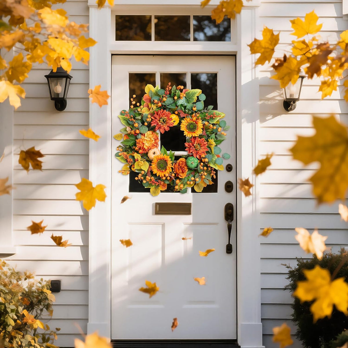 Fall Wreaths for Front Door 24 Inch Autumn Wreath with Sunflowers, Orange Dahlias, Maple Leaves &