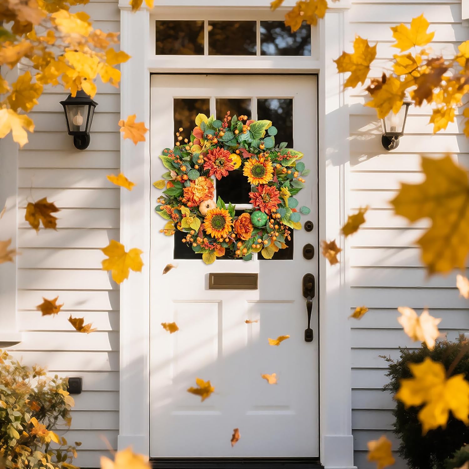 Fall Wreaths for Front Door 24 Inch Autumn Wreath with Sunflowers, Orange Dahlias, Maple Leaves &