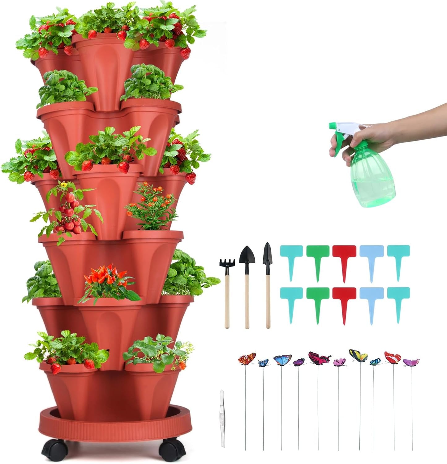 Vertical Planter, 6 Tier Stackable Strawberry Planter with Garden Tool Set, Movable Indoor/Outdoor