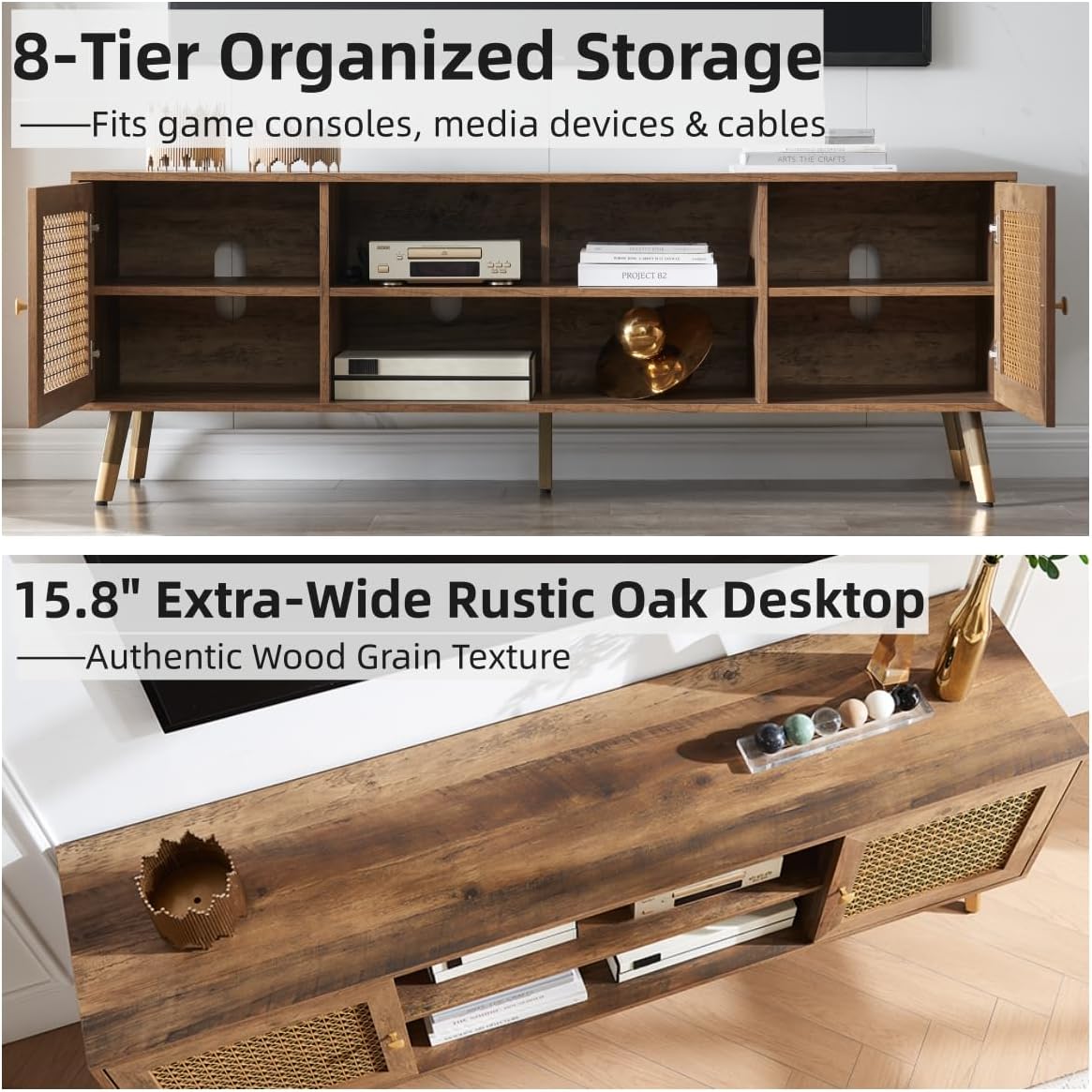 JYED Mid Century Modern TV Stand and Console for TVs Up to 75 inch - Rustic Oak Entertainment