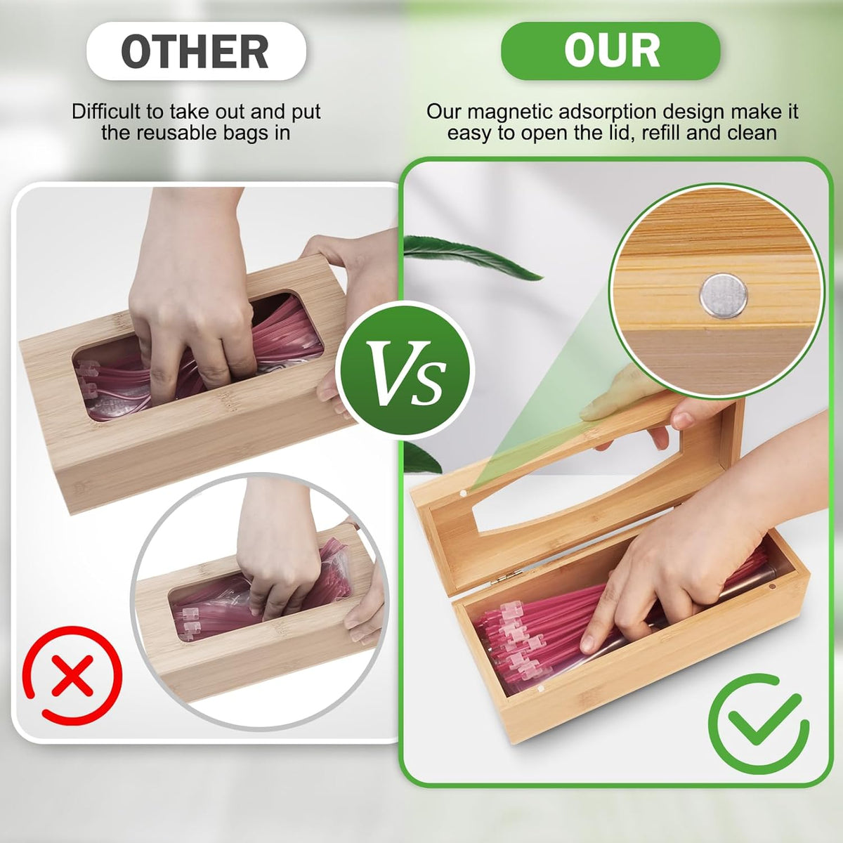 Individual Storage Bag Organizer for Kitchen Drawer, Bamboo with Foil and Plastic Wrap Organizer