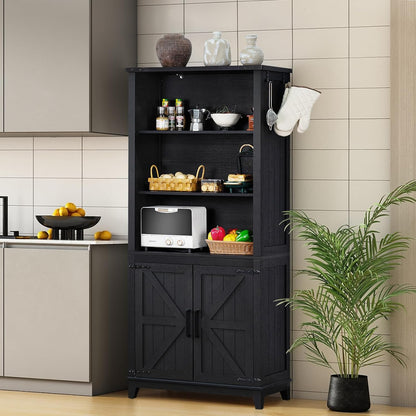 70in Tall Bookshelf 5 Tier Bookcase with Barn Doors and Adjustable Shelves, Black Farmhouse Book