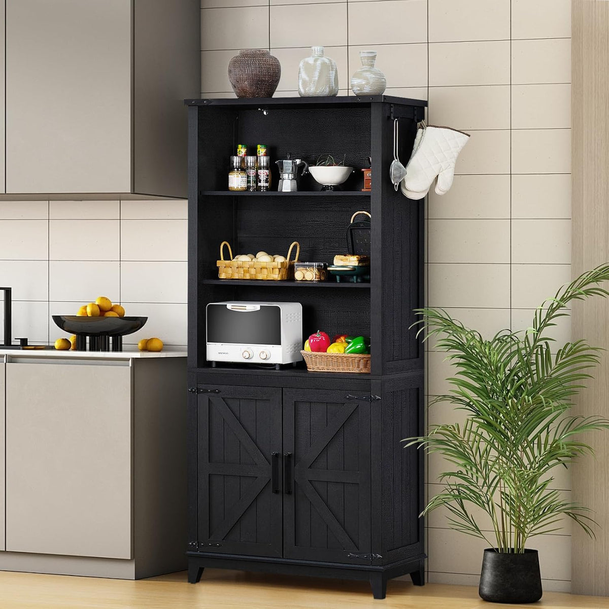 70in Tall Bookshelf 5 Tier Bookcase with Barn Doors and Adjustable Shelves, Black Farmhouse Book