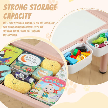 Multi Functional Kids Table and 2 Chairs Set, Graffiti & Building Blocks Double-Sided Tabletop