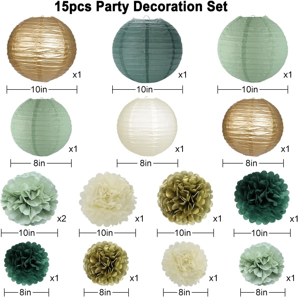 zilue Sage Green Party Decorations, Sage Green Paper Lanterns and Pom Poms Flowers for Birthday