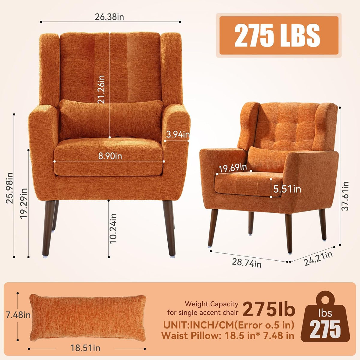 Accent Chair Set of 2, Upholstered Armchair with Pillow, Fabric Single Sofa Chair with Lounge Seat