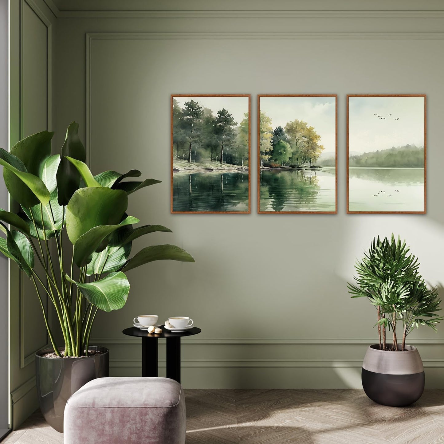 KAIRNE Framed Nature Canvas Wall Art Set,Misty Forest Wall Decor,Green Mountain Forest