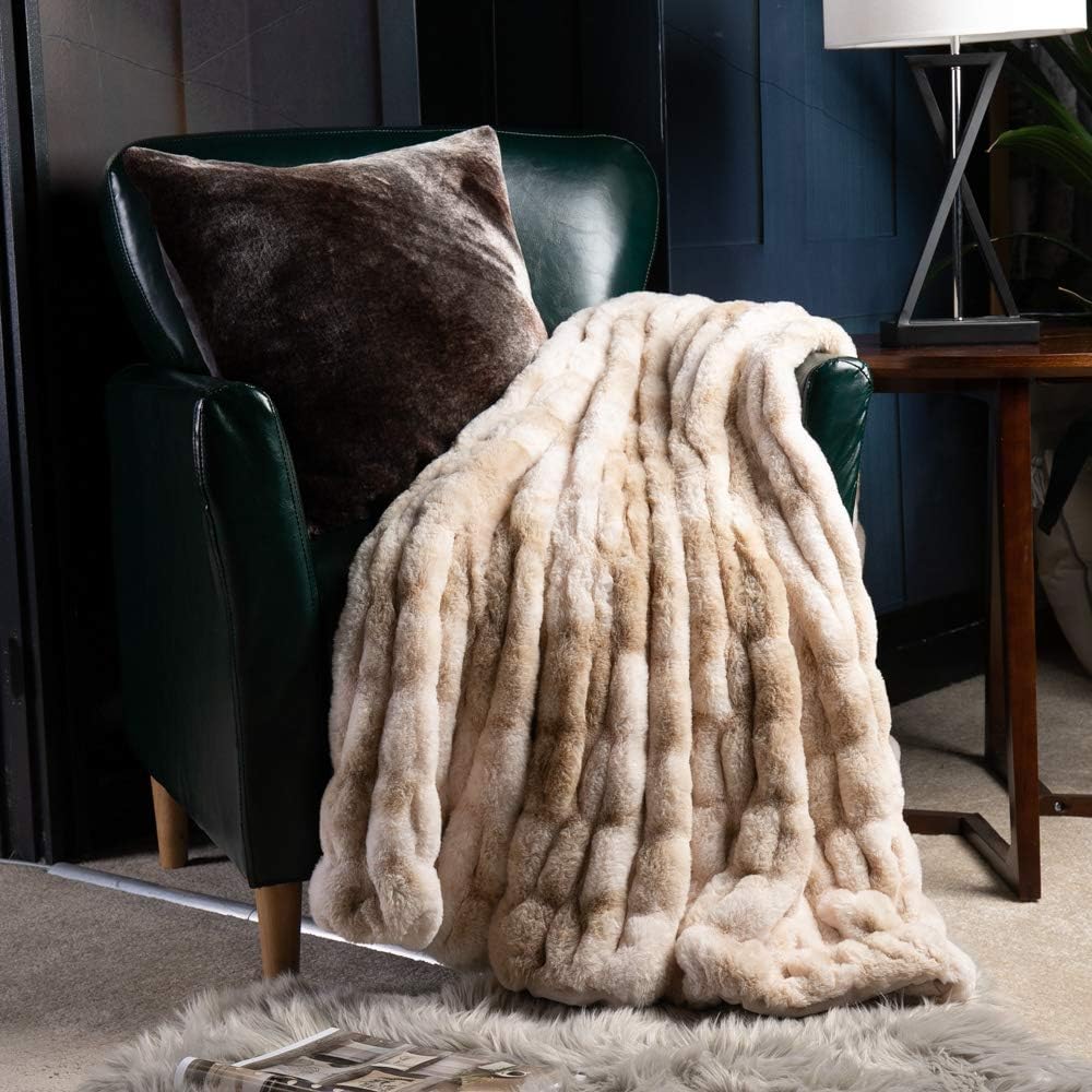 BATTILO HOME Ruched Luxury Faux Fur Throw Blanket Beige Tie-dye Rabbit Fur Blanket for Couch