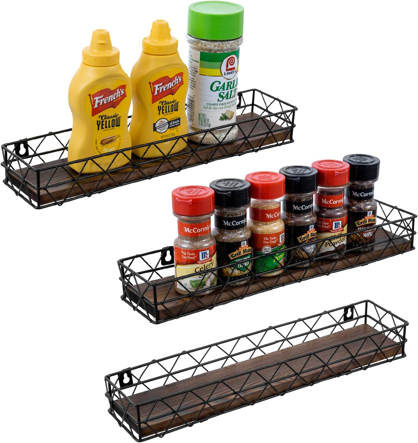 MyGift 14 Inch Wall Mounted Kitchen Spice Racks, Rustic Burnt Solid Wood and Black Metal Wire