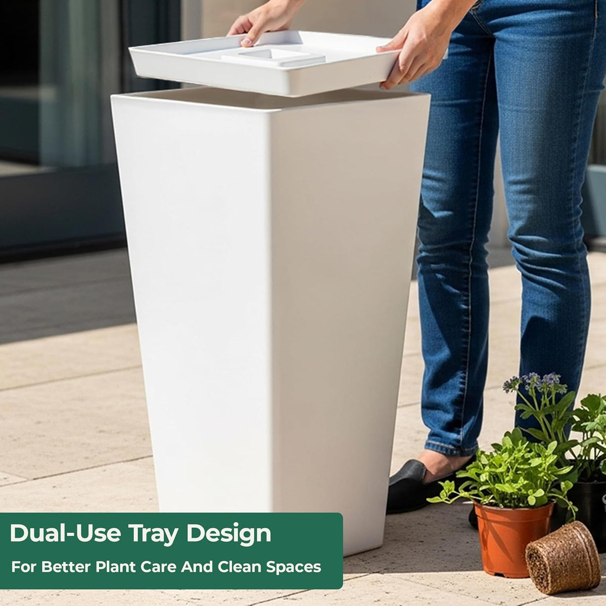 WORTH Garden Large 28 in.Tall Planters Set of 2 for Indoor and Outdoor, Heavy Duty Plastic White