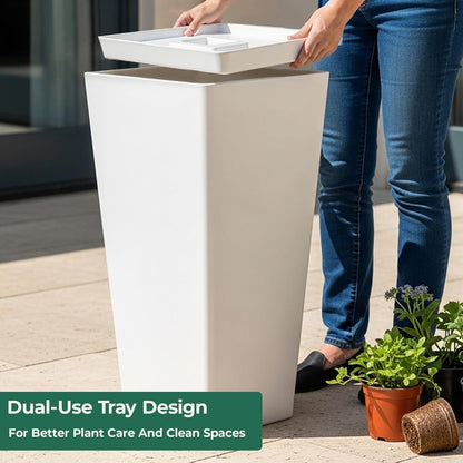 WORTH Garden Large 28 in.Tall Planters Set of 2 for Indoor and Outdoor, Heavy Duty Plastic White