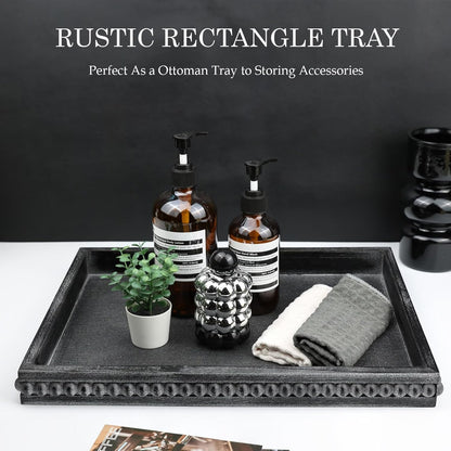 Rectangle Wood Serving Tray with Beads, Black Washed Wooden Decorative Tray for Entertaining