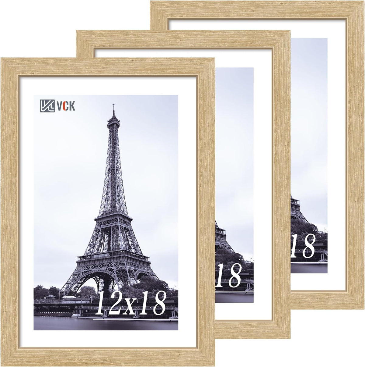 VCK 12x18 Oak Wood Frame for Poster & Picture, Natural Solid Wood Photo Frames 3 Pack, Wall Gallery
