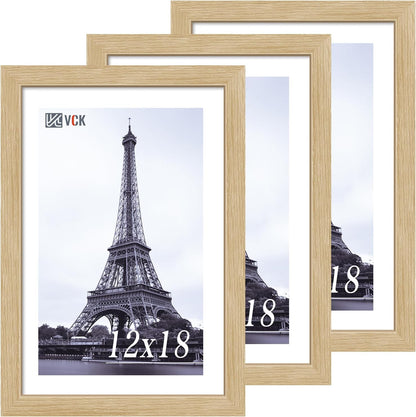 VCK 12x18 Oak Wood Frame for Poster & Picture, Natural Solid Wood Photo Frames 3 Pack, Wall Gallery